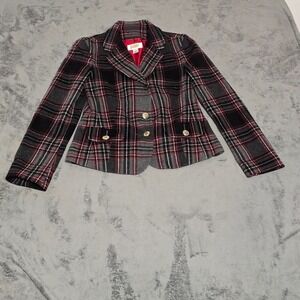 Talbots Womens 4 Wool Blend Plaid Blazer Jacket Gray Red Black Academic Preppy